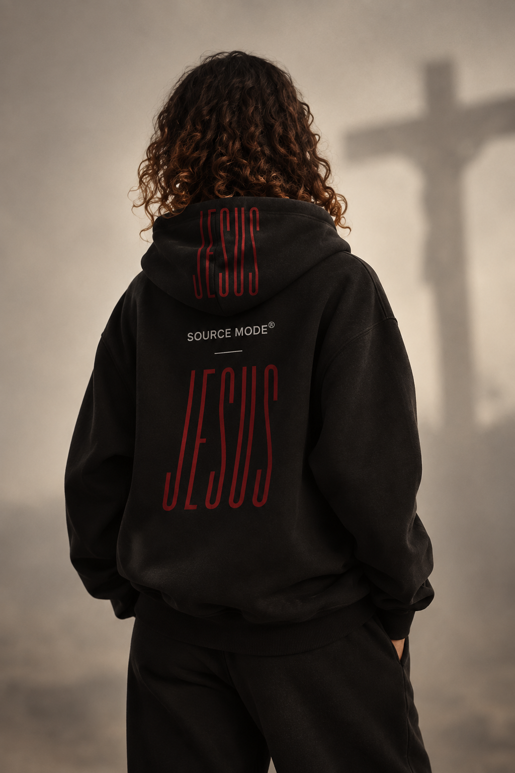 ESSENTIALS COVERED JESUS CREW LONG FLEECE HOODIE