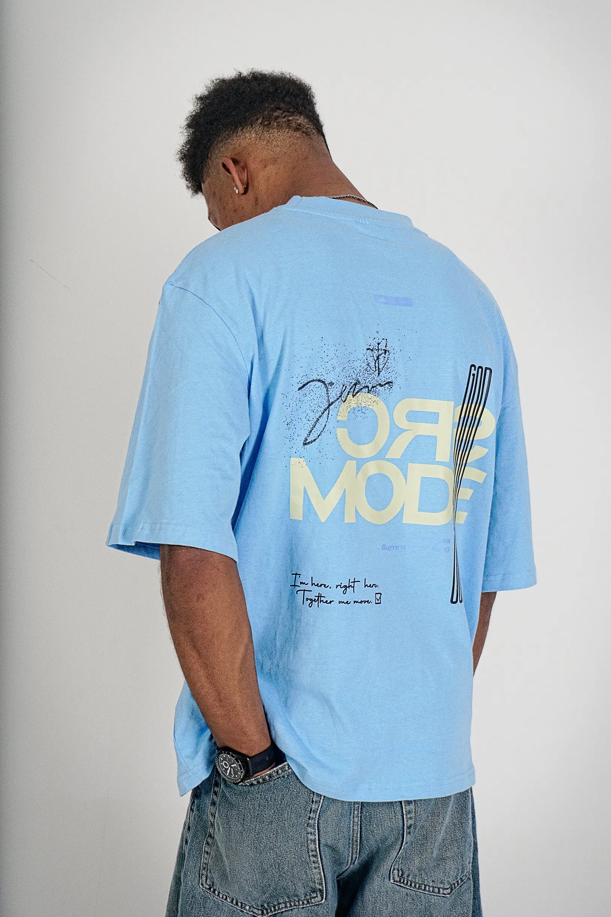 Back view: Fearless Summer SRC-Mode Shirt in Baltic Blue with SRC-MODE back print