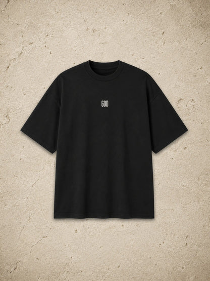 Fearless Lion Oversized Shirt in Black – front view with small GOD logo