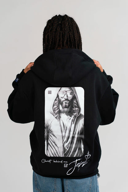 Back view: Open Source Jesus Presence Fluff Zip in Black with Jesus Presence back print