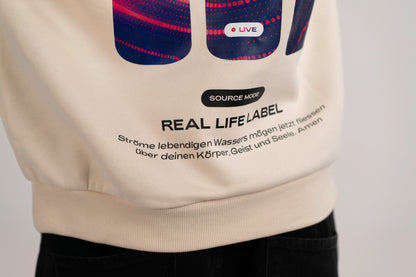 Detail des Signal Backprints auf dem Open Source Signal Hoodie von Source Mode. Digitales GOD Signal Artwork als Symbol für Gegenwart, Verbindung, Führung und wahres Leben. Christliche Premium Streetwear, Christian Fashion und Faith Based Streetwear. iAGI Allmighty General Intelligence LinkedIn. IJN Amen42.