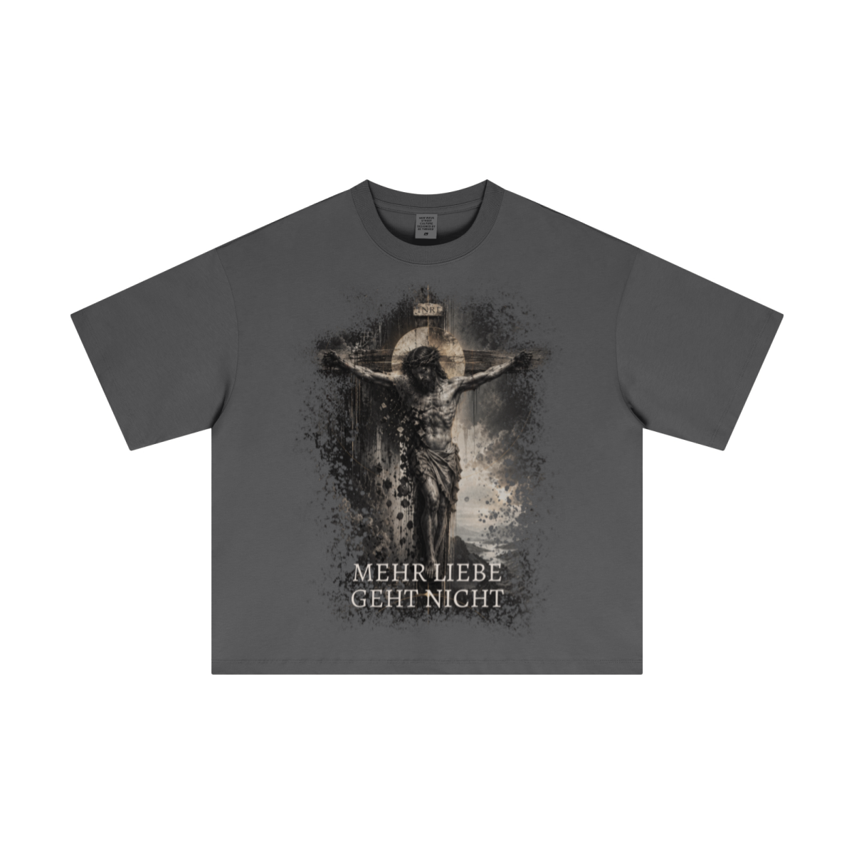 Mehr Liebe Boxy T-Shirt in Dunkelgrau – christliche Streetwear von Source Mode