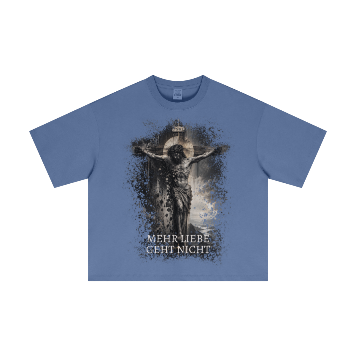Mehr Liebe Boxy T-Shirt in Denimblau – christliche Streetwear von Source Mode